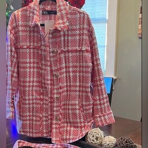 Zara Pink and White Tweed Plaid Blazer Jacket with Belt